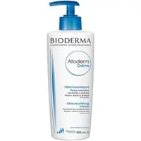 White Bioderma Atoderm Cream 500ml bottle with blue pump and text, featuring dermatological skincare details.