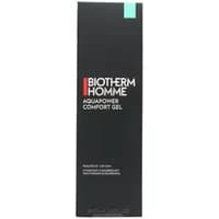 Black rectangular box of Biotherm Homme Aquapower Comfort Gel with white and red text, turquoise accent.