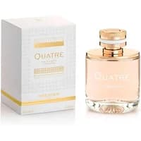 Boucheron Quatre Pour Femme Eau De Parfum 100ml, clear bottle with gold accents, next to white and gold box.