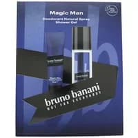 Bruno Banani Magic Man gift set with blue deodorant spray and shower gel in sleek black and blue packaging.