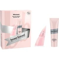 Bruno Banani Woman Gift Set with pink 30ml EDT bottle and 50ml shower gel in pink packaging.