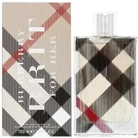 Burberry Brit Eau De Parfum 100ml bottle with iconic plaid pattern, clear cap, next to matching box.