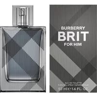 Burberry Brit For Him Eau De Toilette 50ml, plaid-patterned glass bottle with metallic cap, next to matching box.