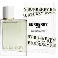 Clear glass bottle of Burberry Her Eau De Toilette 30ml with white cap, next to branded white box.