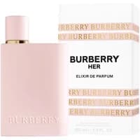 Pink Burberry Her Elixir Intense Eau De Parfum bottle with matching cap, next to white box with gold accents.