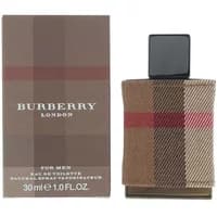 Burberry London For Men Eau De Toilette 30ml with plaid fabric-wrapped bottle and black cap, boxed packaging.
