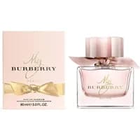 Burberry My Burberry Blush Eau De Parfum 90ml, clear glass bottle with pink liquid and bow, matching box.
