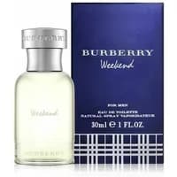Clear glass bottle with silver cap, labeled "Burberry Weekend," next to blue box with white text, 30ml size.