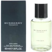 Burberry Weekend For Men Eau De Toilette 50ml, clear bottle with black cap, next to dark box with white text.