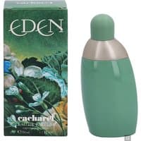 Cacharel Eden Eau de Parfum 50ml, green bottle with silver cap, floral packaging design.
