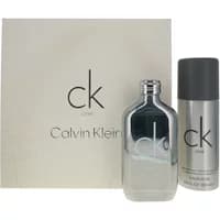 Calvin Klein CK One Essence set with clear perfume bottle and silver deodorant spray, minimalist design.
