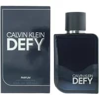 Calvin Klein Defy Parfum 100ml, sleek dark blue bottle with black cap, next to matching branded box.
