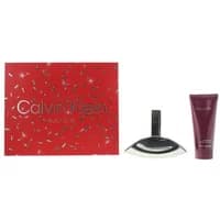 Calvin Klein Euphoria gift set with curved perfume bottle and maroon body lotion tube in red confetti box.