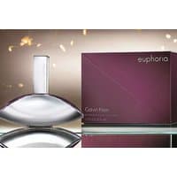 Calvin Klein Euphoria Ladies EDP 50ml, sleek silver bottle with purple box, festive background.
