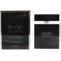 Calvin Klein MAN Eau De Toilette 100ml, sleek black rectangular bottle with silver accents and matching box.