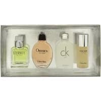 Calvin Klein gift set with four 15ml EDT bottles: Eternity, Obsession, CK One, and Escape in a clear display box.