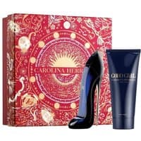 Carolina Herrera Good Girl gift set with stiletto-shaped EDP bottle and navy body lotion tube, ornate red box.