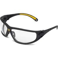 Caterpillar Tread Protective Safety Glasses, black frame, clear lenses, yellow accents on temples.