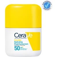 CeraVe Invisible Hydrating Fluid Sunscreen SPF 50, 50ml, white bottle with yellow cap and blue text.