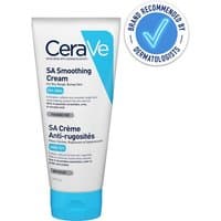 CeraVe SA Smoothing Cream 177ml in white tube with blue accents and dermatologist recommendation badge.
