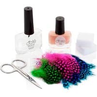 Ciaté Feathered Manicure Gift Box with clear polish, pink polish, colorful feathers, scissors, and white sponges.