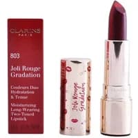 Clarins Joli Rouge Gradation Lipstick 803 Plum, silver tube with red lips design, deep plum shade, moisturizing formula.