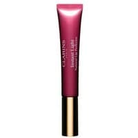 Plum shimmer lip gloss in a sleek, metallic pink tube with a gold cap, labeled "Clarins Natural Lip Perfector."