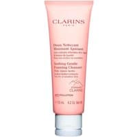 Pink tube of Clarins Soothing Gentle Foaming Cleanser, 125ml, with red text and white cap.