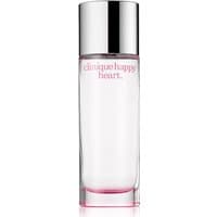 Clear glass bottle with silver cap, pink "Clinique Happy Heart" text, containing 50ml Eau de Parfum Spray.