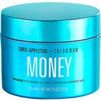 Turquoise jar of Color Wow Money Masque, 215ml, with bold white text and sleek metallic finish.