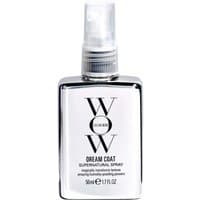 Clear bottle of Color Wow Dream Coat Travel Spray, 50ml, with silver cap and bold black text on white label.