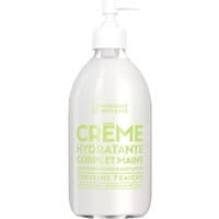 White bottle of Compagnie De Provence Fresh Verbena Body and Hand Cream with green text and pump dispenser.