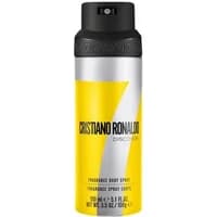 Yellow and silver CR7 Discover body spray can, black cap, bold branding by Cristiano Ronaldo.