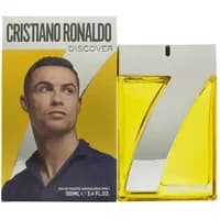 Cristiano Ronaldo Cr7 Discover Eau De Toilette 100ml with yellow liquid and sleek silver cap, box features Ronaldo's image.