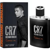 Black CR7 Game On Eau De Toilette 30ml bottle with silver cap, alongside box featuring Cristiano Ronaldo image.