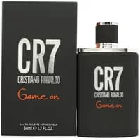 Black CR7 Game On Eau De Toilette 50ml bottle with silver cap, bold white logo, and matching black box with red accents.