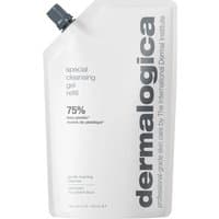 White Dermalogica cleansing gel refill pouch with gray cap and bold black text, suitable for all skin types.