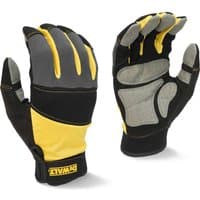 Black and yellow DeWalt performance gloves with reinforced gray palms and adjustable wrist straps.