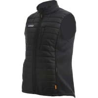 Black DeWalt Force men's padded gilet bodywarmer with front zipper, high collar, and side pockets.