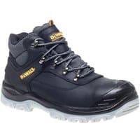Black DeWalt Laser Safety Hiker Boots, UK 6, with grey accents, metal eyelets, and rugged white sole.