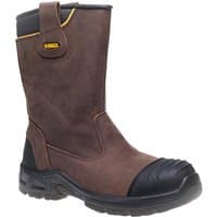 Brown Dewalt Millington S3 waterproof rigger boots with black reinforced toe and heel, UK size 10, EUR size 45.