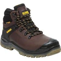Brown Dewalt Newark S3 waterproof safety hiker boots with black accents, padded collar, and rugged sole, size UK 7.