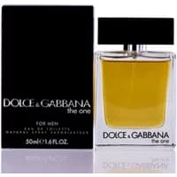 Dolce & Gabbana The One For Men 50ml, clear glass bottle with amber liquid, black cap, and black box packaging.
