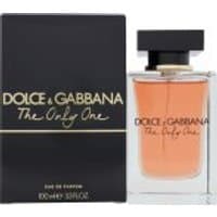 Dolce & Gabbana The Only One perfume, 100ml clear bottle with black cap, next to black and gold box.