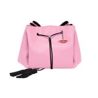 Pink faux leather makeup bag with black drawstring, tassels, and red lips pin by Donna May London.