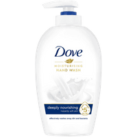 Dove Kosteuttava Nestesaippua, 250ml white bottle with pump, blue logo, gold accents, and creamy milk splash graphic.