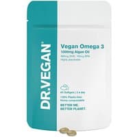 DR.VEGAN Vegan Omega 3 capsules in a white and teal resealable pouch with bold text and two capsules displayed.