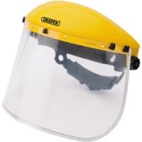 Yellow Draper protective faceshield with clear visor and adjustable headband, meeting BS2092/1 specification.