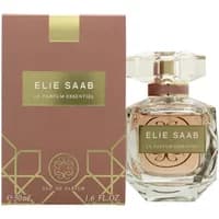 Elie Saab Le Parfum Essentiel 50ml, clear faceted bottle with gold cap, pink box with gold geometric design.