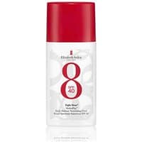 White bottle with red cap, Elizabeth Arden Eight Hour HydraPlay Daily Defense Fluid SPF 40, bold red "8" on front.